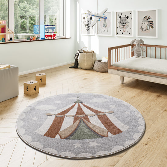 Tappeto rotondo per cameretta bambini disegno circo grigio - UN6012