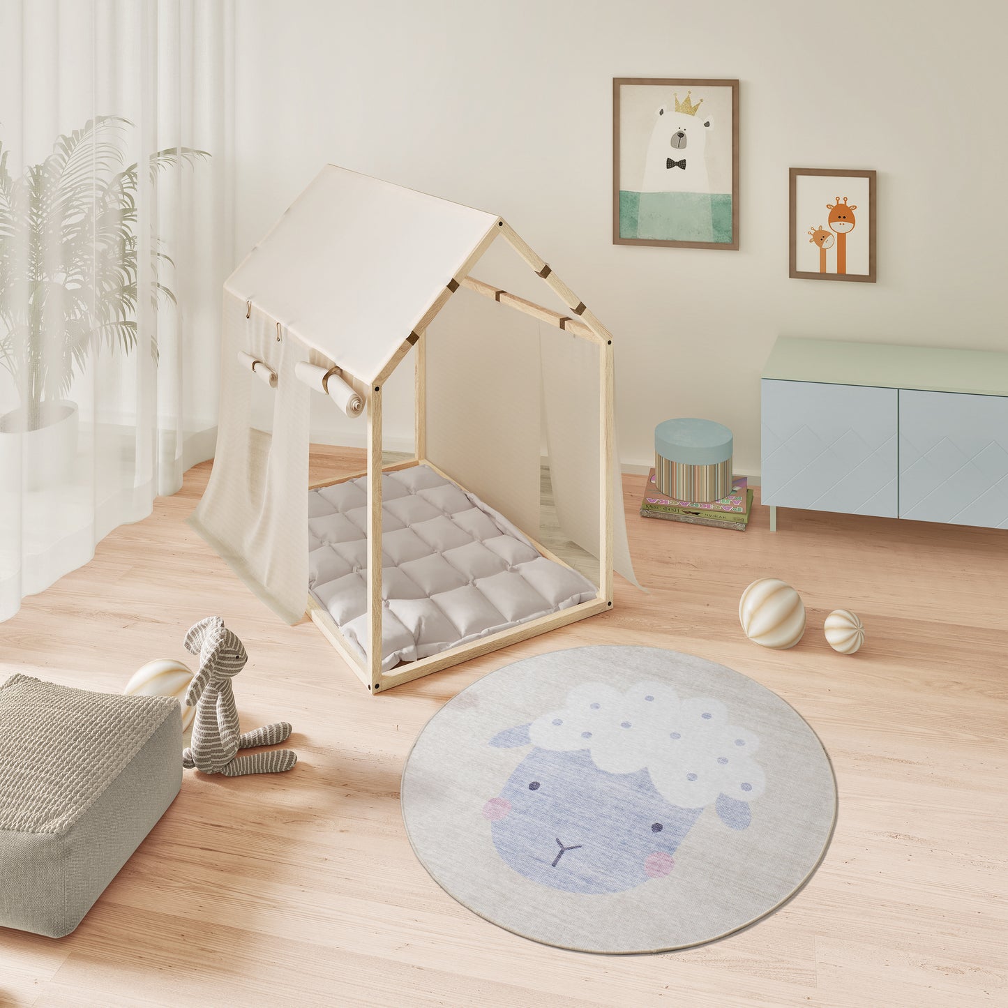 Tappeto rotondo per cameretta bambini disegno pecorella crema - UN6014