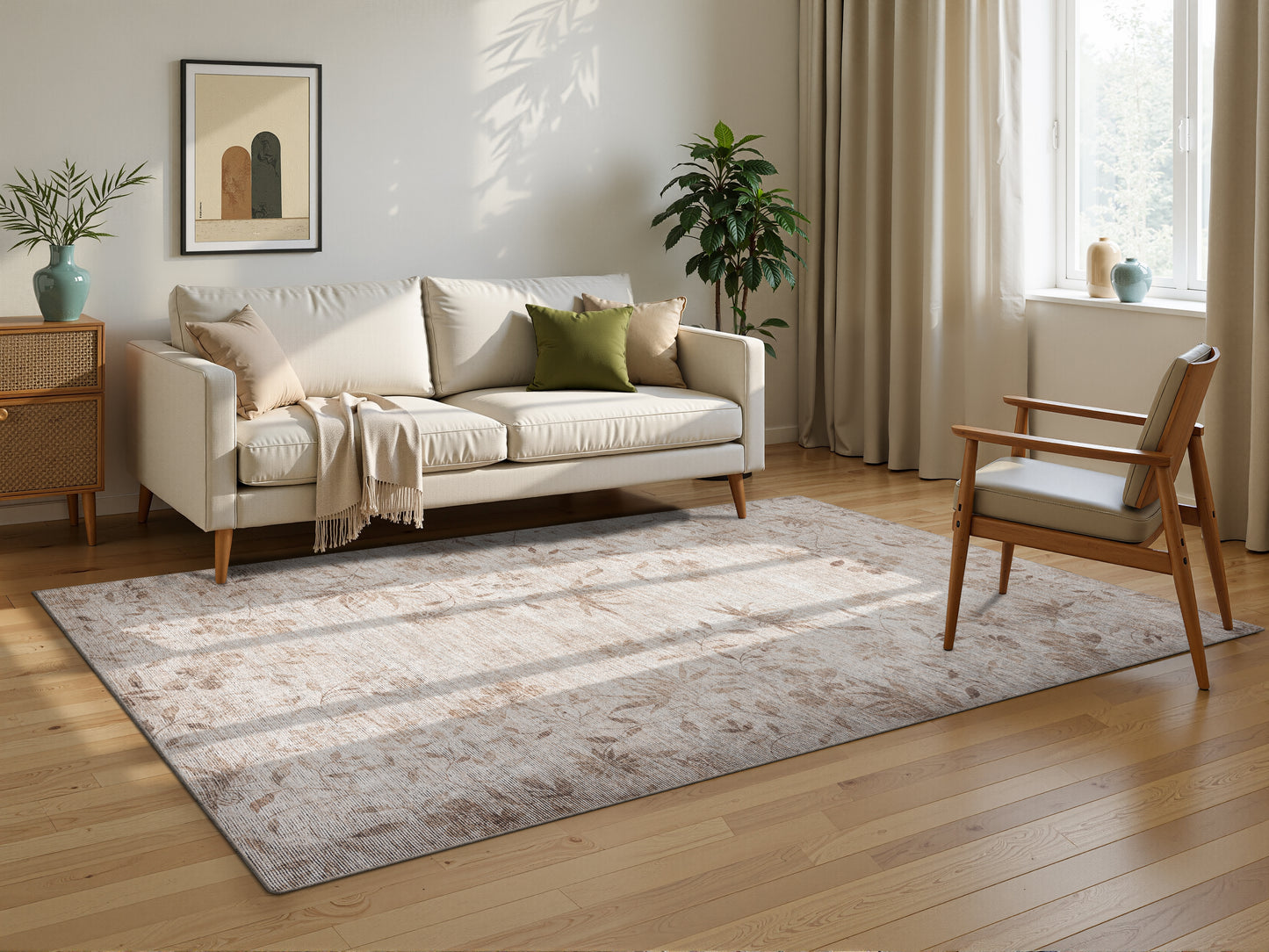 Tappeto lavabile moderno floreale in ciniglia avorio beige  - VR7002