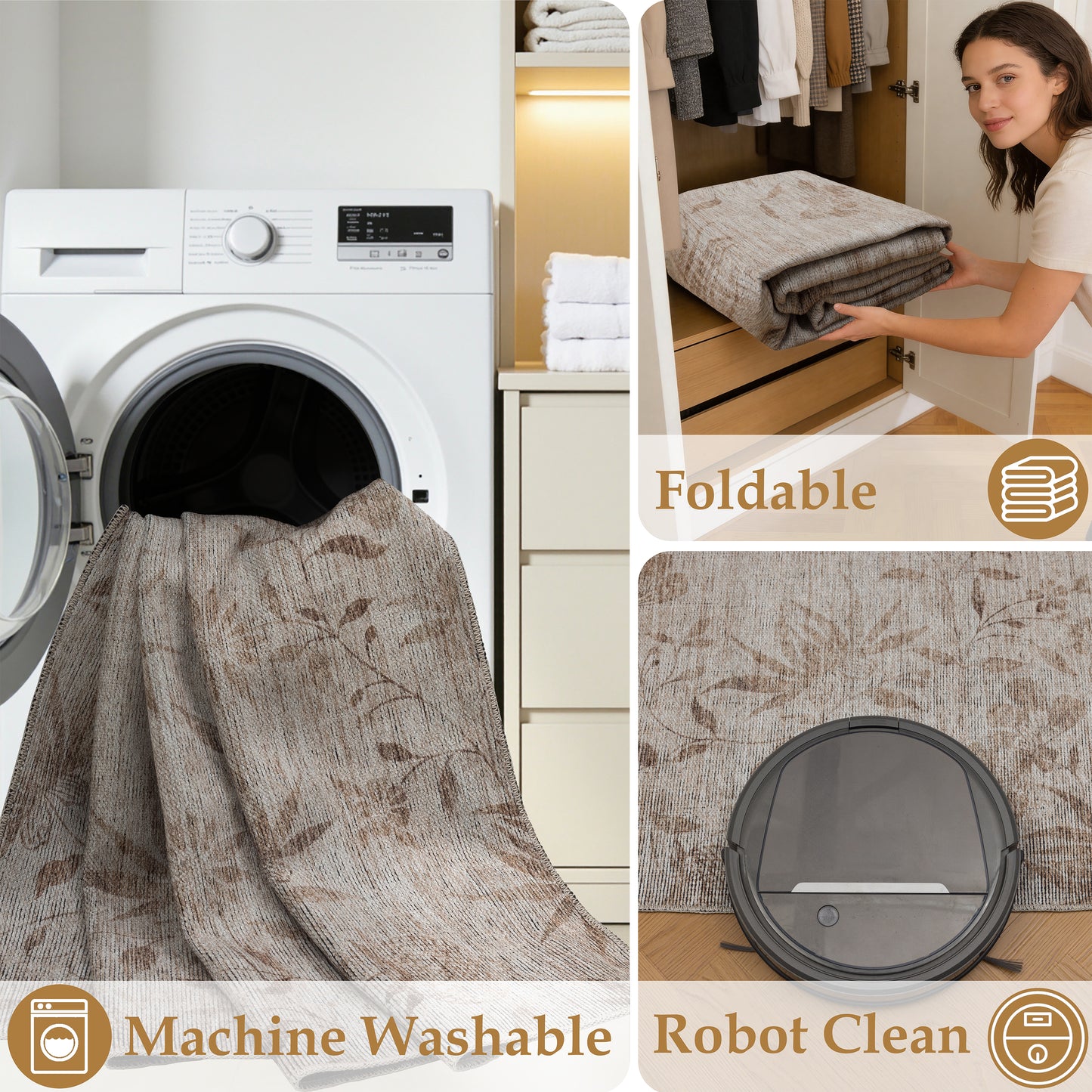 Tappeto lavabile moderno floreale in ciniglia avorio beige  - VR7002