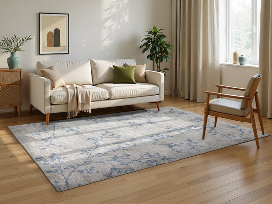 Tappeto lavabile moderno floreale in ciniglia beige blu  - VR7001