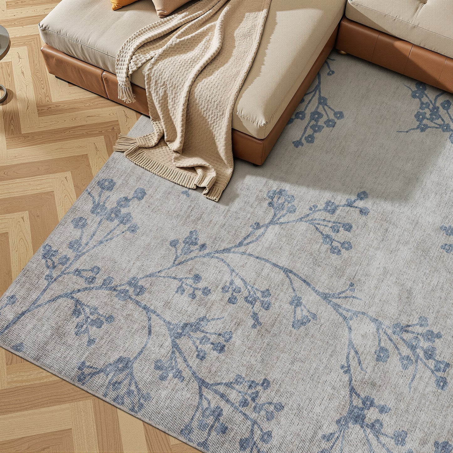 Tappeto lavabile moderno floreale in ciniglia beige blu  - VR7001