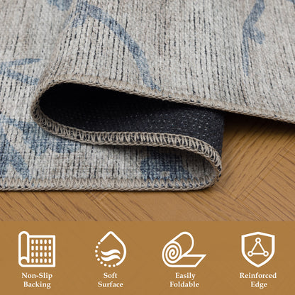 Tappeto lavabile moderno floreale in ciniglia beige blu  - VR7001