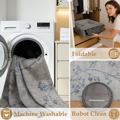 Tappeto lavabile moderno floreale in ciniglia beige blu  - VR7001