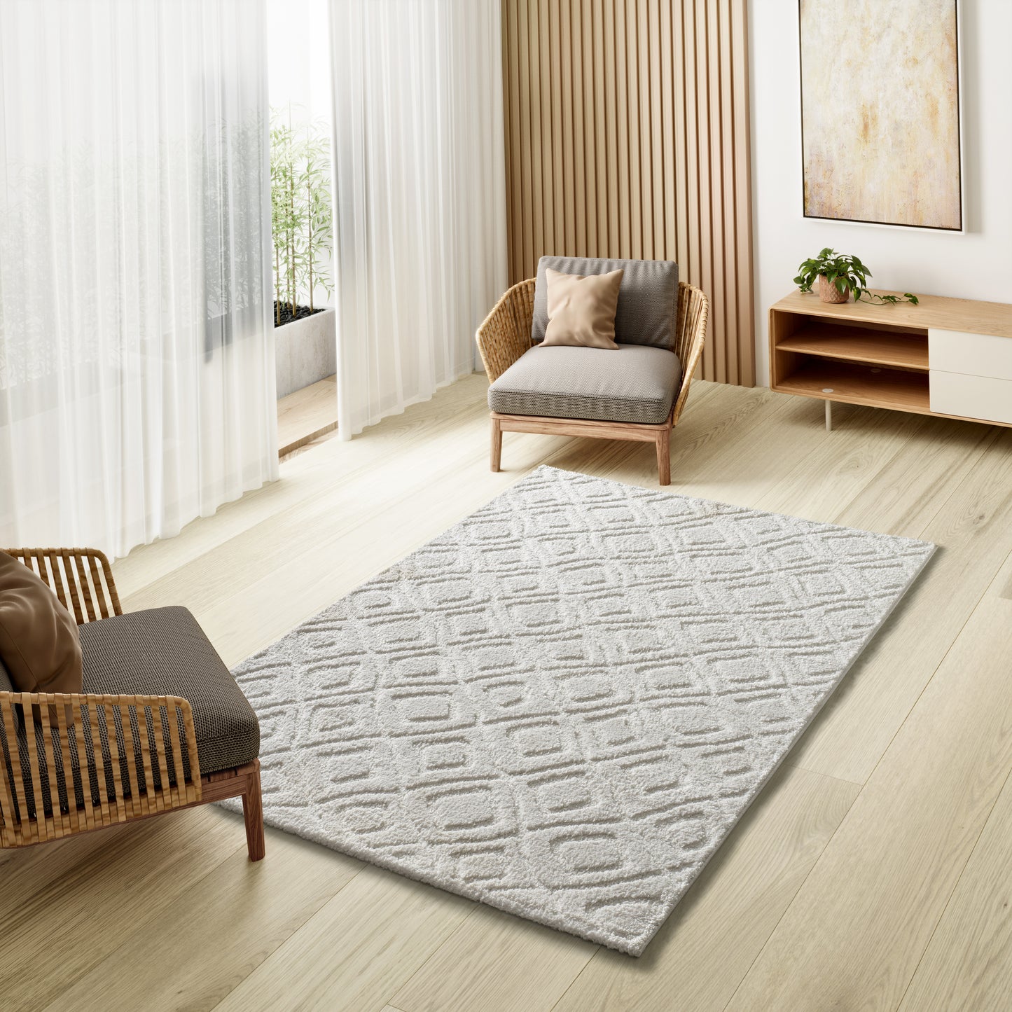 Tappeto salotto disegno in rilievo bianco - UN3002