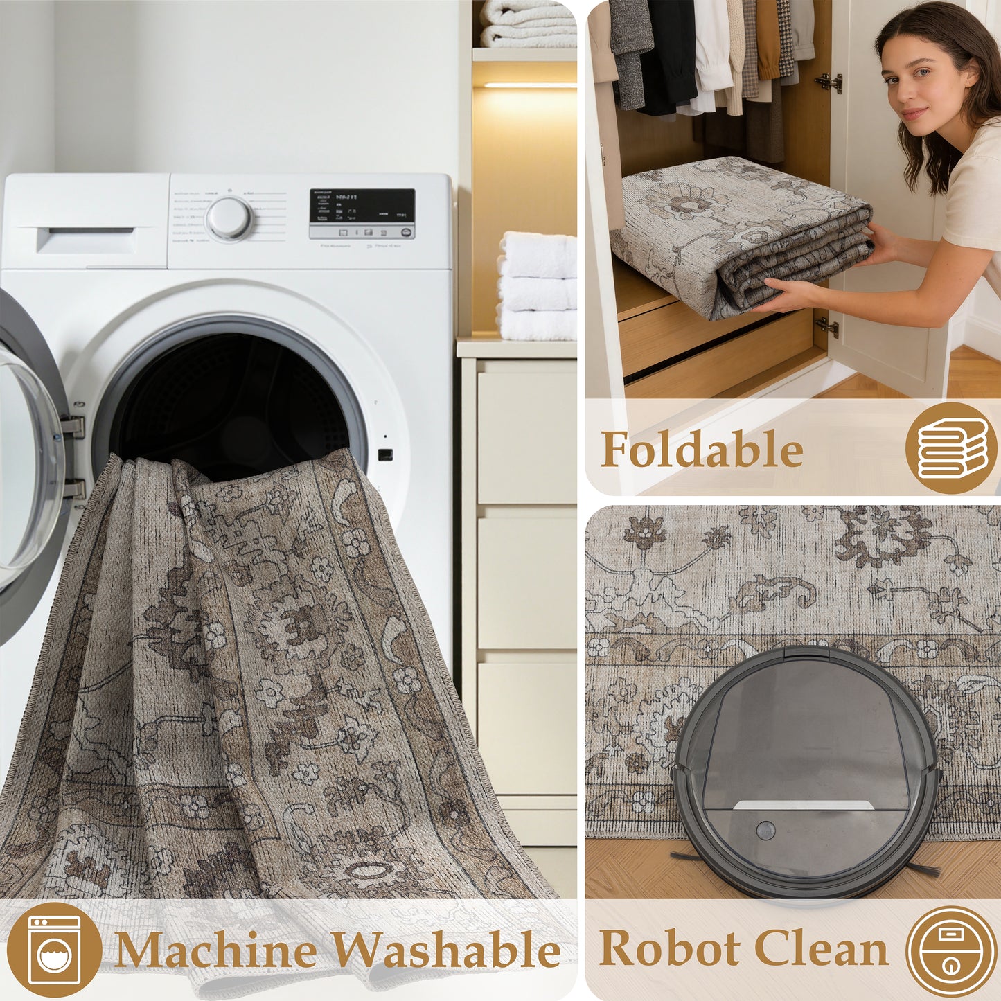 Tappeto lavabile disegno classico in ciniglia avorio beige  - VR7003