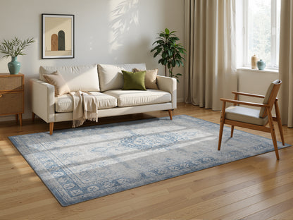 Tappeto lavabile disegno classico in ciniglia beige blu  - VR7004