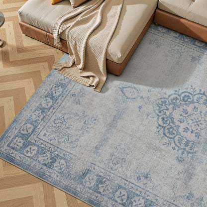 Tappeto lavabile disegno classico in ciniglia beige blu  - VR7004