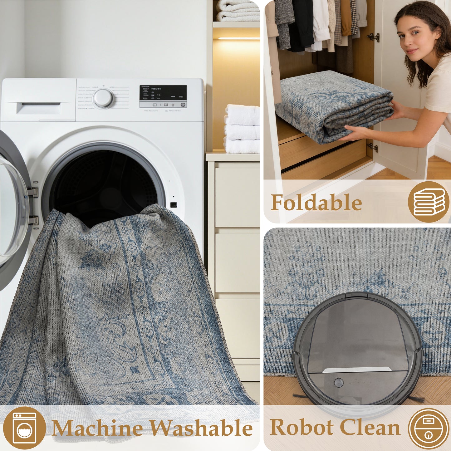 Tappeto lavabile disegno classico in ciniglia beige blu  - VR7004