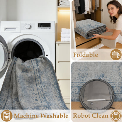 Tappeto lavabile disegno classico in ciniglia beige blu  - VR7004