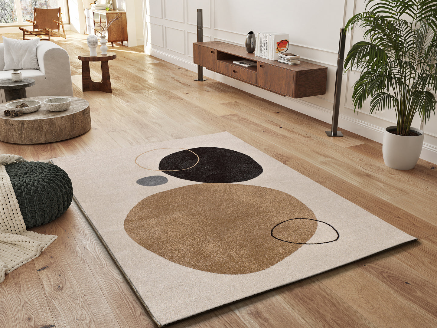 Tappeto moderno motivo cerchi crema beige grigio nero - UN2053