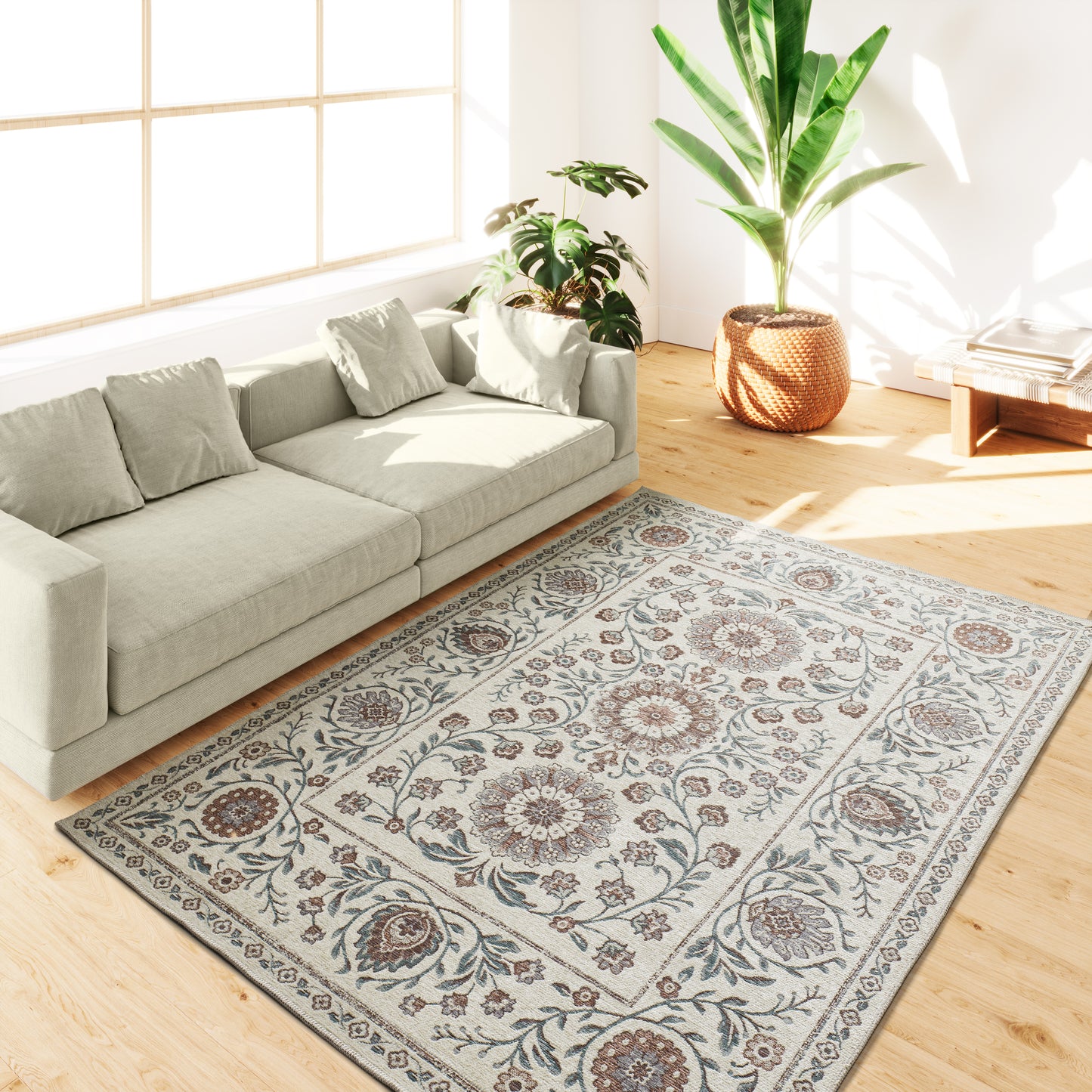 Tappeto disegno tradizionale crema azzurro tessitura piatta- UN5012