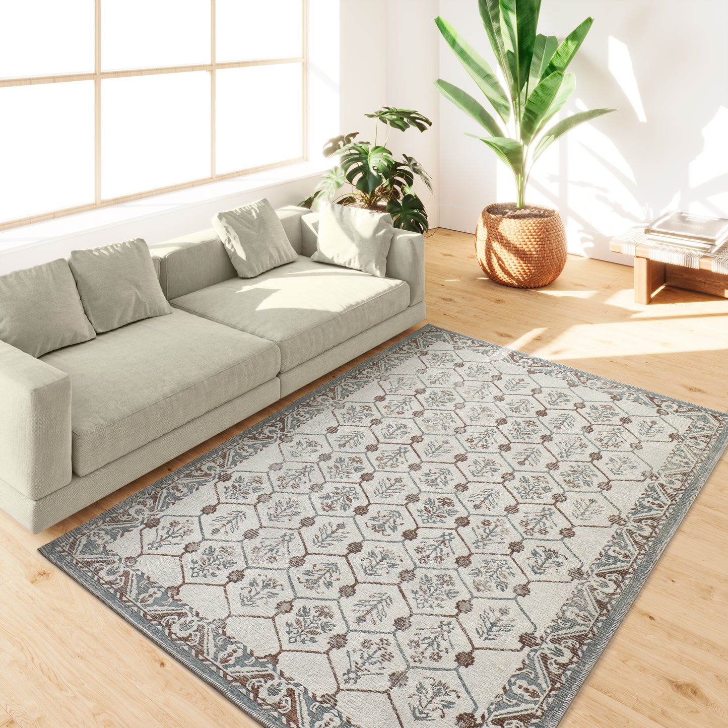 Tappeto disegno suzani crema azzurro tessitura piatta- UN5010