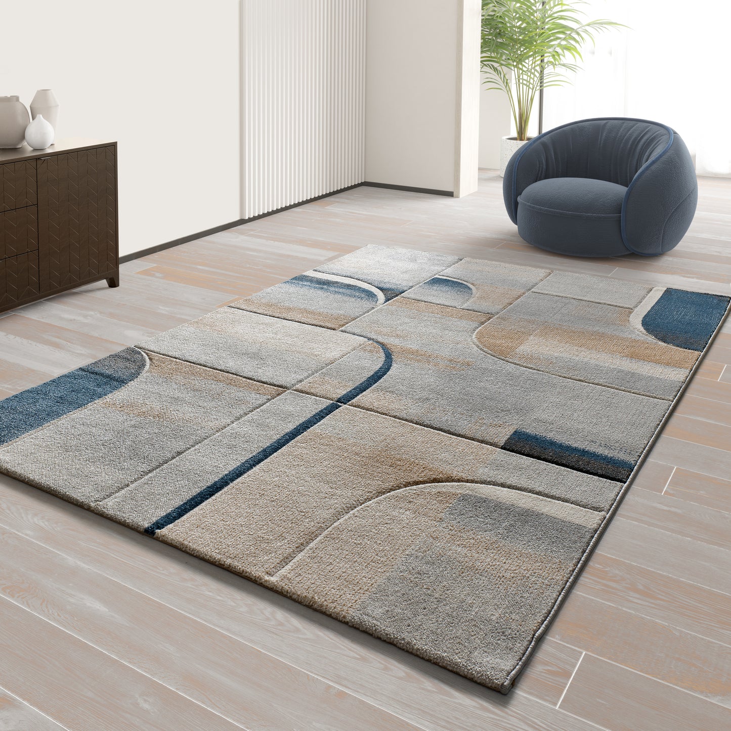 Tappeto salotto disegno geometrico blu grigio   - UN2065